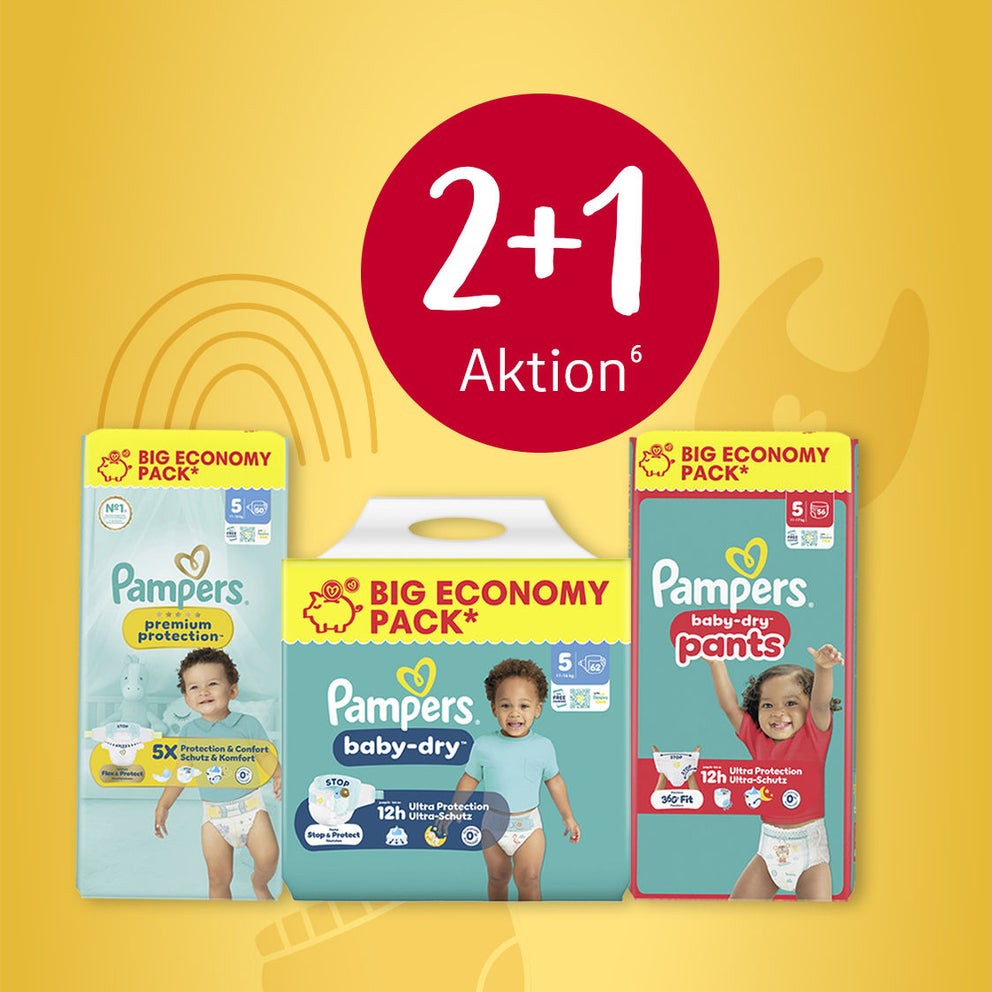 Abgebildet sind Beispielprodukte von Pampers und der Störer "2 + 1" Aktion