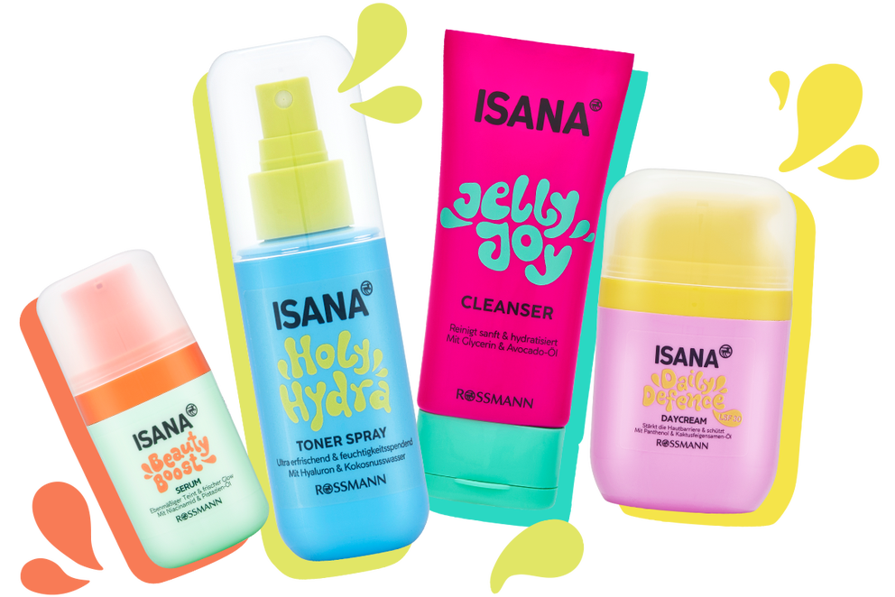 ISANA Beauty Boost Serum, Holy Hydra Toner Spray, Jelly Joy Cleanser und Daily Defence Day Cream für trendige Skincare junger Haut
