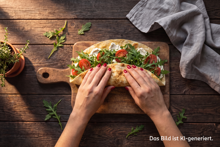 Cottage Cheese Flatbread wird mit Frischkäse, Rucola und Tomaten gefüllt und auf einem Holzbrett zusammengeklappt.