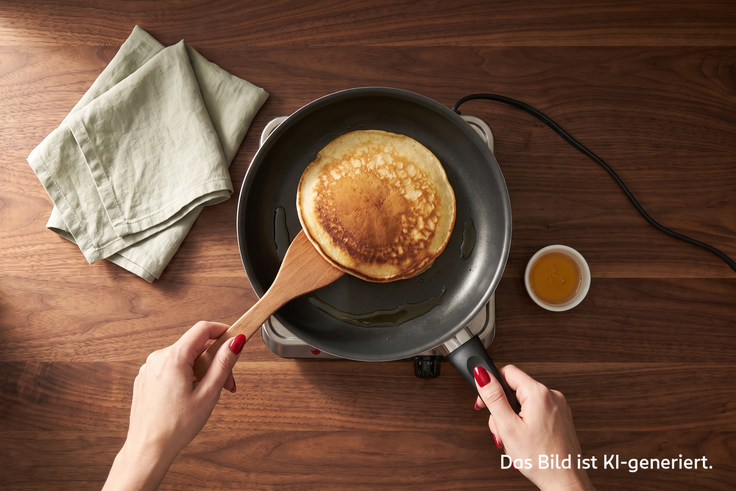 Protein Pancake wird in einer Pfanne auf einer Kochplatte gebraten, daneben liegen ein grünes Küchentuch und eine kleine Schale mit Öl auf einem dunklen Holztisch.
