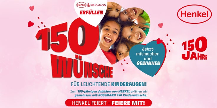 Rosa Aktionsgrafik von Henkel und ROSSMANN mit roten Herzen, großem Schriftzug „150 Wünsche“, blauem Herz „Jetzt mitmachen und gewinnen“ und Hinweis auf das 150-jährige Henkel Jubiläum.