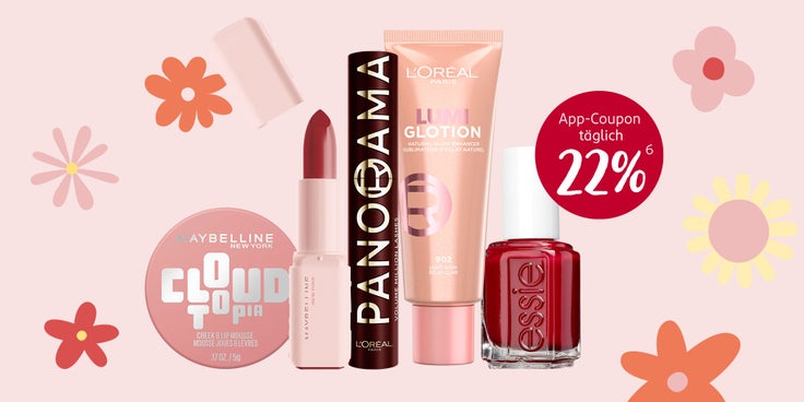 Rosa Hintergrund mit bunten Blumen und Beispielprodukten