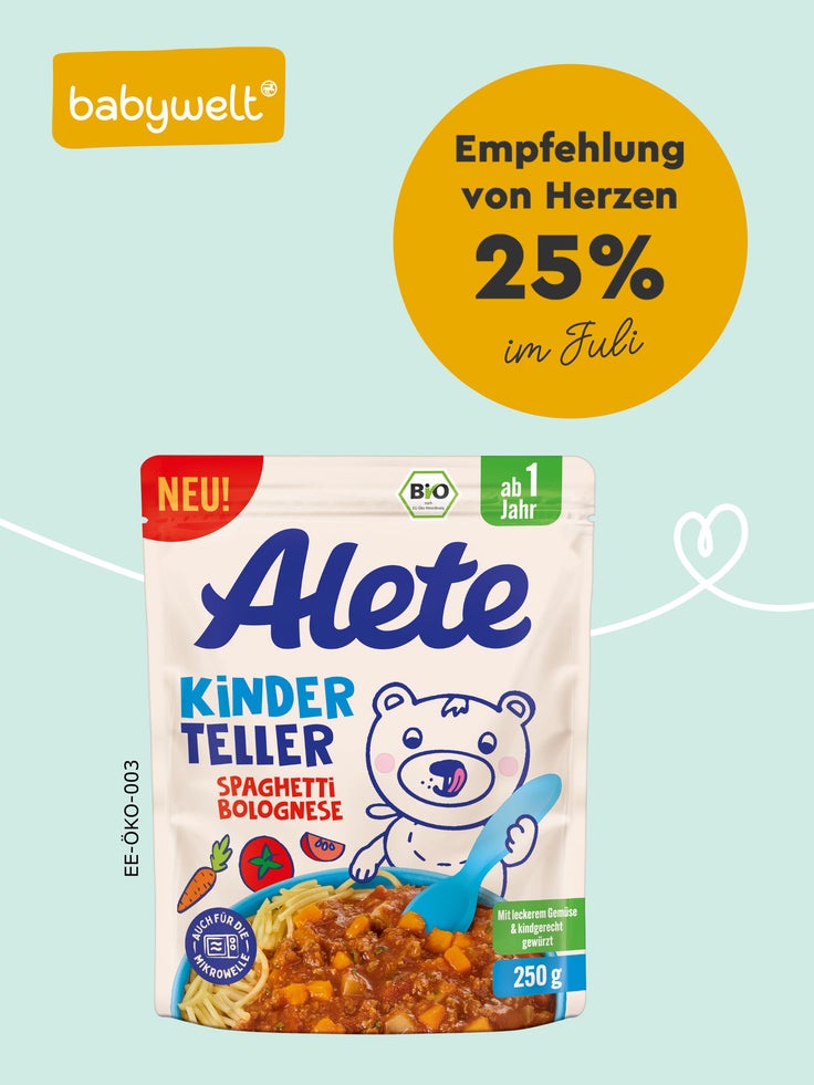 Alete Kinderteller Bio-Menüs und der Hinweis auf 25 % Rabatt.