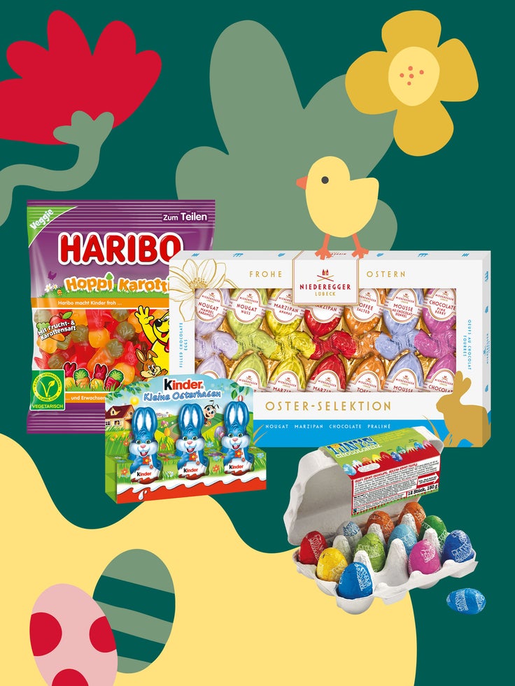 Ein bunter HIntergrund mit Ostereiern und kleinen Küken. Im Vordergrund sind beispielhafte Produkte für Ostersüßigkeiten