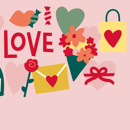 Illustration zum Valentinstag mit Blumenstrauß, Sektgläsern, Geschenk, Brief mit Herz, Flasche, Herzen und dem Schriftzug LOVE auf rosafarbenem Hintergrund.