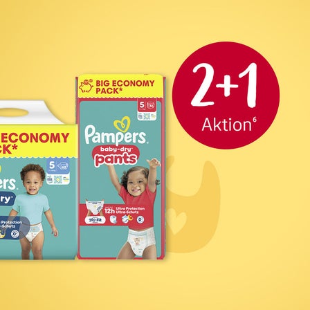 Abgebildet sind Beispielprodukte von Pampers und der Störer "2 + 1" Aktion