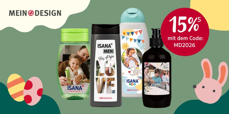 Beispielhafte Produkte, die mit MEIN DESIGN persönlich gestaltet sind. Und der Hinweis auf einen Rabatt.