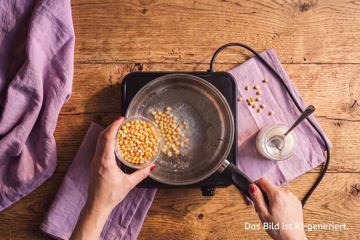 Hand schüttet Popcornmais aus einem Glas in eine leere Pfanne auf einer Kochplatte, umgeben von lila Stoffservietten und einem Glas Zucker als erster Schritt zur Zubereitung von Pumpkin Spice Popcorn..