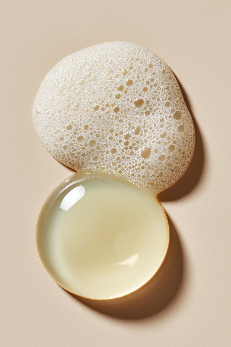 Gelartige Textur und Reinigungsschaum auf beigem Untergrund als Symbol für sanfte Produkte in der Japanese Beauty Hautpflege.