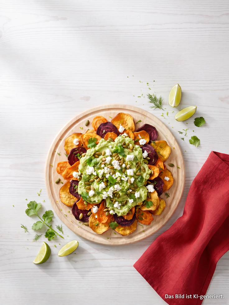 Loaded Gemüse Chips mit Avocado, Feta, Kürbiskernen, Kräutern und Limetten auf einem Holzteller als Rezeptidee.
