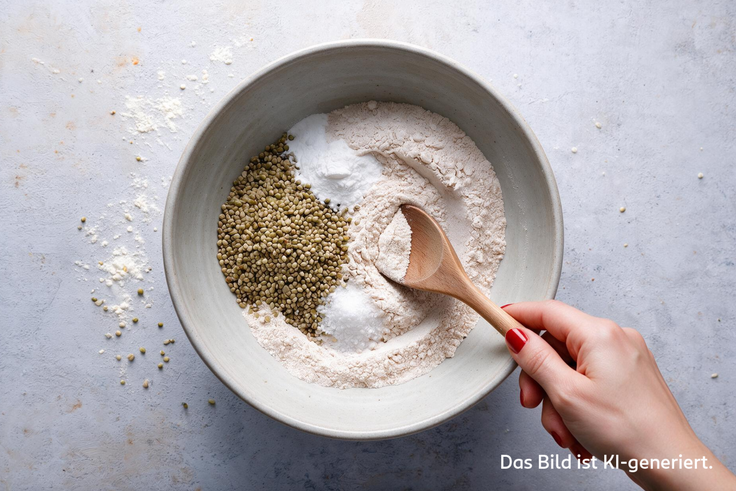 Dinkelmehl, Backpulver, Hanfsamen und Salz werden für Protein Bagel mit Hanfsamen in einer Schüssel vermischt.