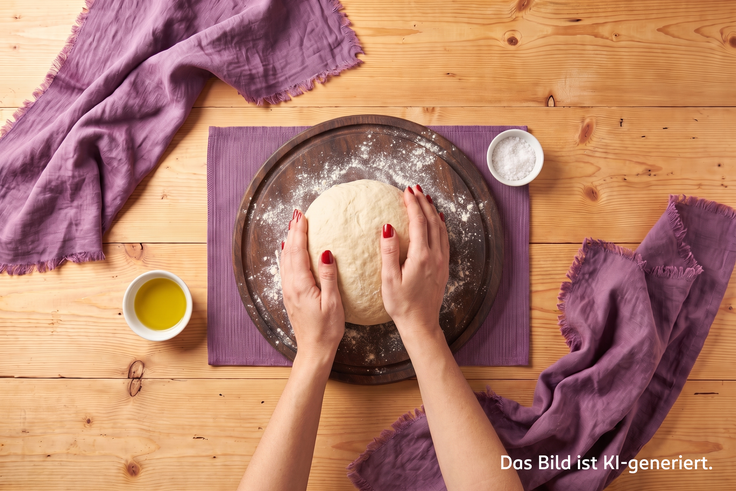 Schritt 1 des Flammkuchen-Rezepts: Hände kneten einen Teig aus Mehl, Salz, Öl und Wasser auf einem bemehlten Holzbrett.