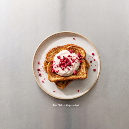 Protein French Toast mit cremigem Topping und Himbeer-Crunch auf einem Teller; Hinweis im Bild: Das Bild ist KI-generiert.