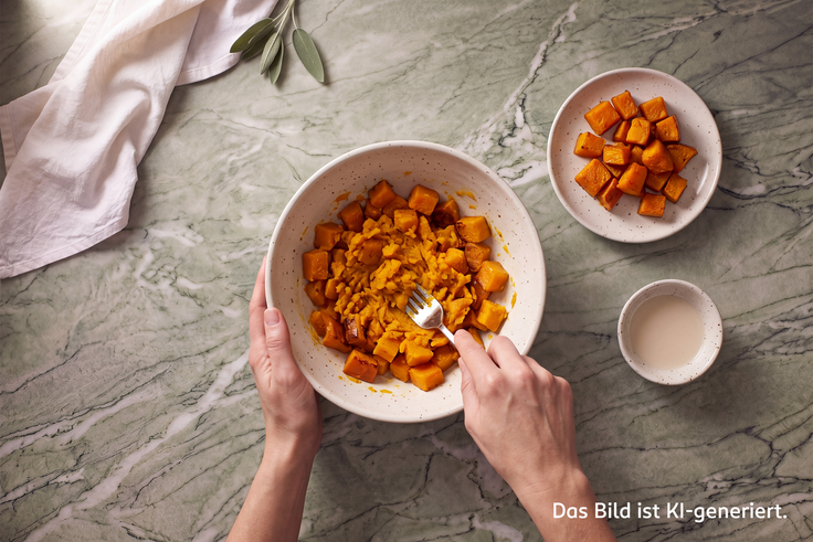 Schritt 1 des Kürbiszimtschnecken-Rezepts: Geröstete Kürbiswürfel werden mit einer Gabel und einem Schuss Hafer Drink zu Kürbispüree zerdrückt.