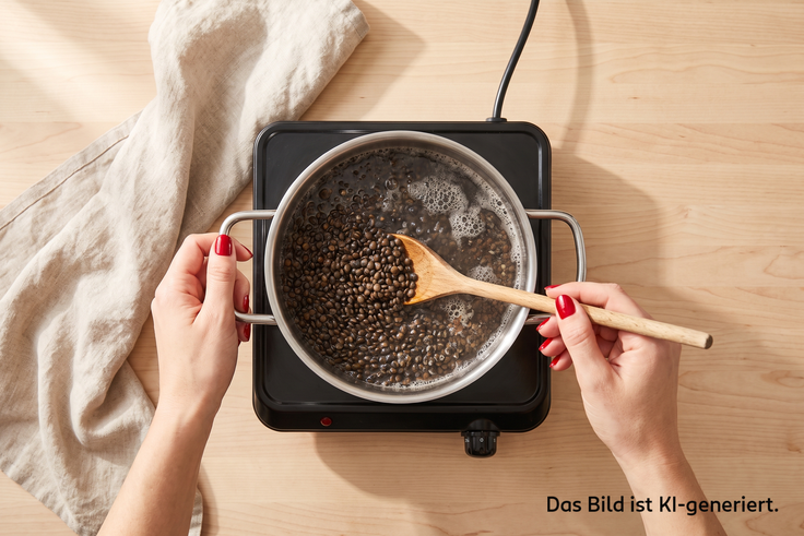 Linsen für eine Linsen Tofu Bowl werden in einem Topf auf einer Kochplatte gekocht, daneben liegt ein helles Küchentuch auf hellem Holztisch.