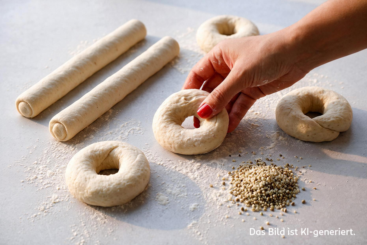 Teigstränge für Protein Bagel mit Hanfsamen werden zu Bagelringen geformt, daneben liegen Hanfsamen auf bemehlter Arbeitsfläche.