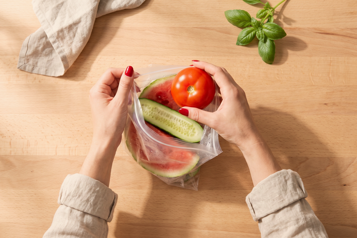 Hände legen Tomate, Gurke und Wassermelone in einen Gefrierbeutel auf einem Holzhintergrund.