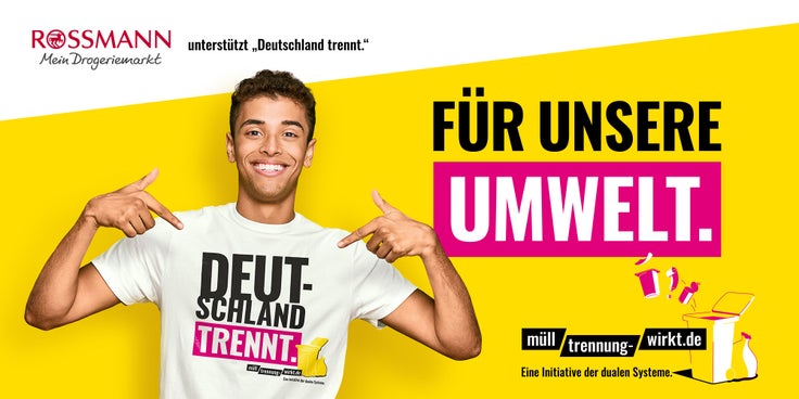 Abgebildet ist eine Person in einem weißen T-Shirt und der Slogan "Für unsere Umwelt" - "Deutschland trennt" auf gelbem Hintergrund.