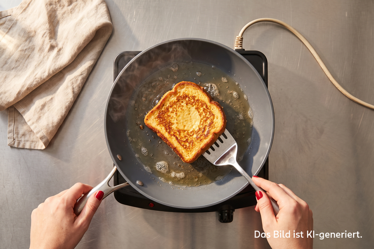 Protein French Toast wird in einer Pfanne goldbraun gebraten und mit einem Pfannenwender gewendet.