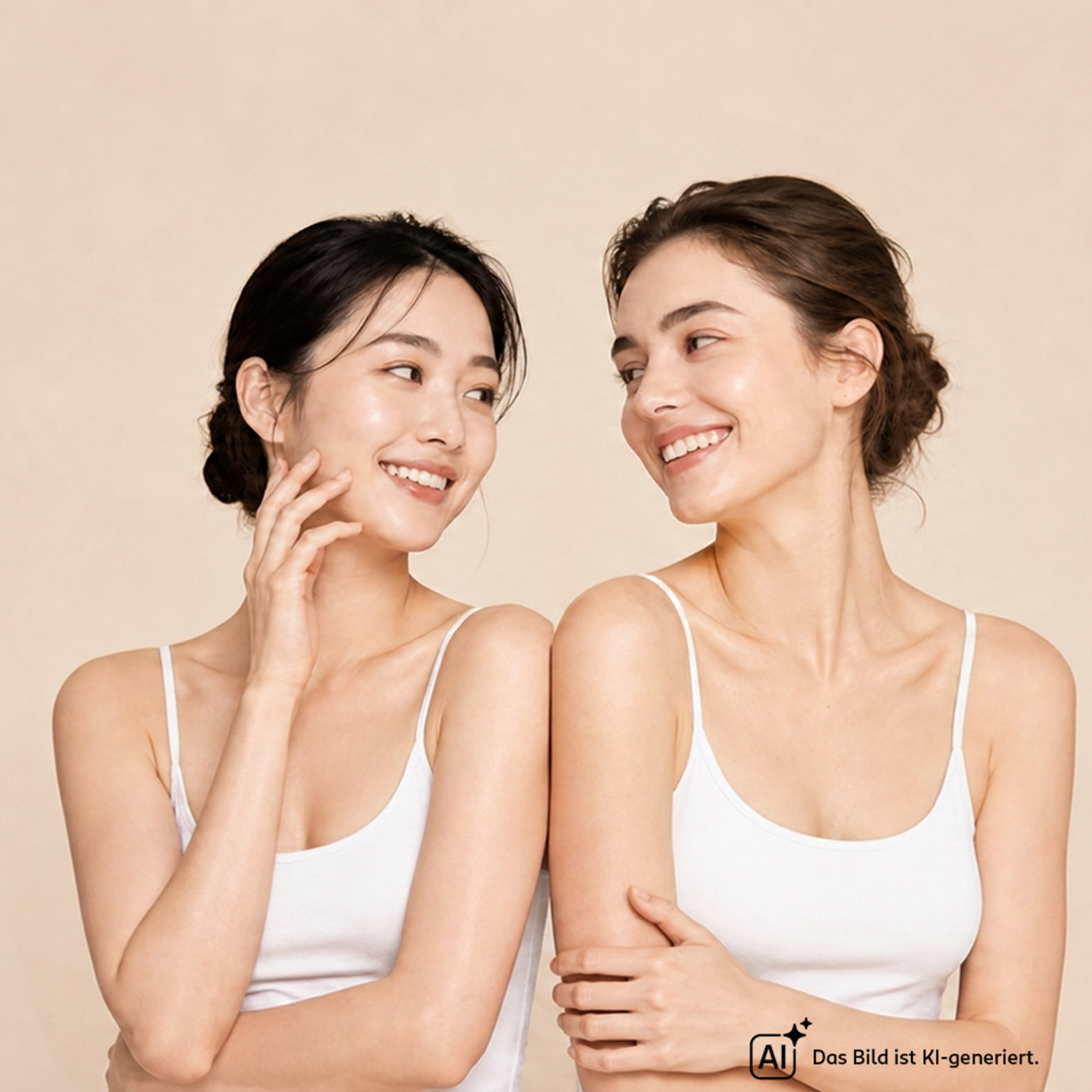 Zwei Frauen mit natürlichem, gepflegtem Hautbild vor hellem Hintergrund als Headerbild für einen Ratgeber zu Japanese Beauty und minimalistischer J-Beauty Pflege.