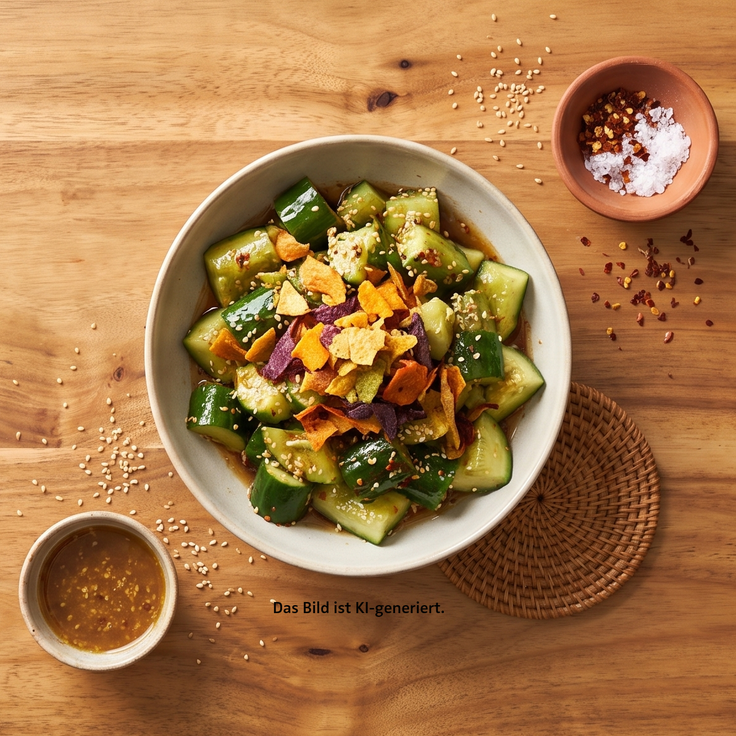 Smashes Cucumber Salat mit Sesam, bunten Gemüsechips und Dressing in einer Schale auf einem Holzhintergrund.