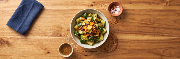 Smashes Cucumber Salat mit Sesam, bunten Gemüsechips und Dressing in einer Schale auf einem Holzhintergrund.