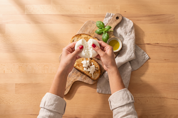 Hände zupfen Burrata auf geröstetes Sauerteigbrot auf einem Holzbrett mit Olivenöl und Basilikum auf einem Holzhintergrund.