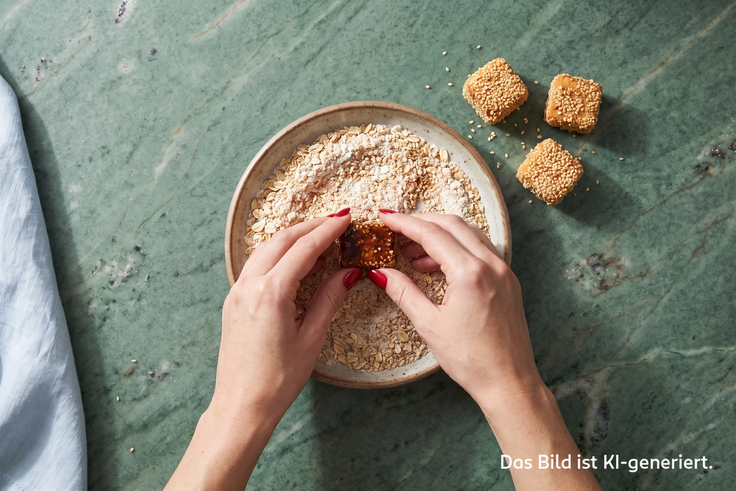 Marinierte Tofuwürfel werden für Sesam Tofu Nuggets in einer Sesam-Panade gewendet.