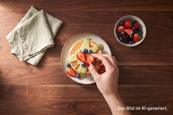 Protein Pancakes werden mit Erdbeeren und Blaubeeren garniert, daneben stehen weitere Beeren und ein grünes Küchentuch auf einem dunklen Holztisch.