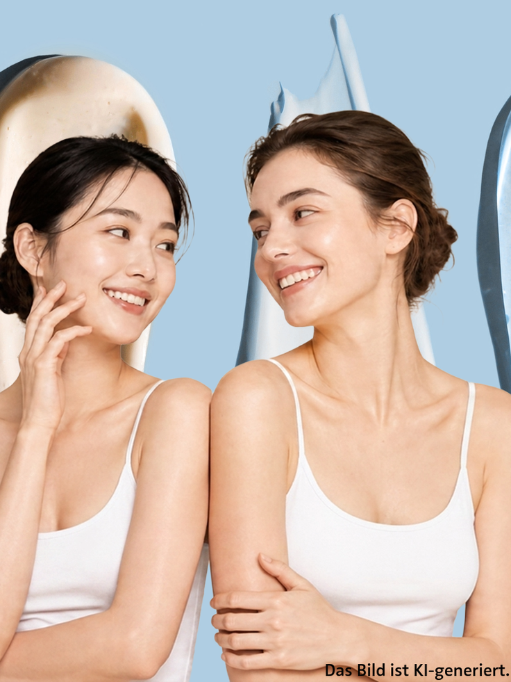 Zwei Frauen mit natürlichem Make-up und gepflegter Haut als Symbol für J-Beauty und minimalistische Hautpflege