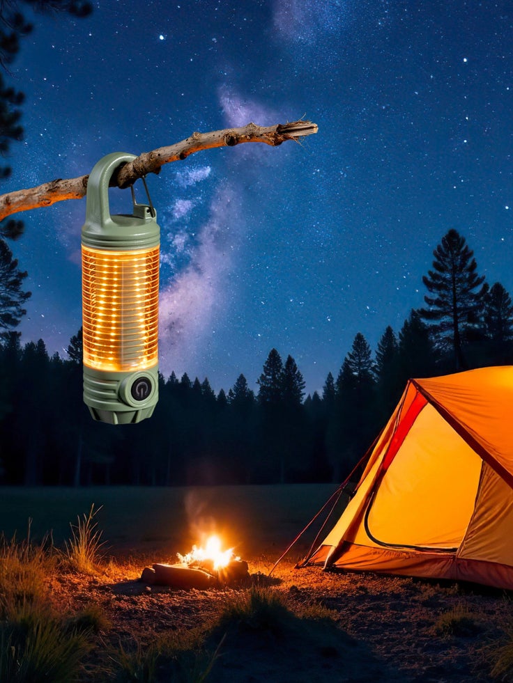 Ein Zelt in der Nacht und davor ein Lagerfeuer.