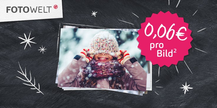 Ein Foto von einem Kind im Schnee und der Hinweis auf 0,06 € pro Bild