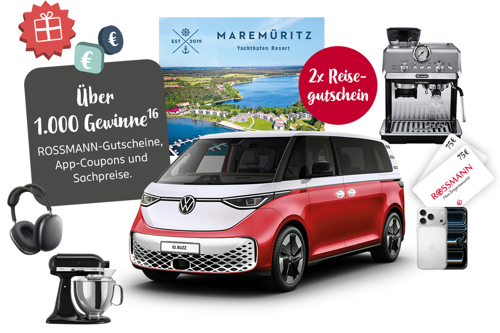 Beispielhafte Gewinne für das ROSSMANN App Gewinnspiel BON Chance