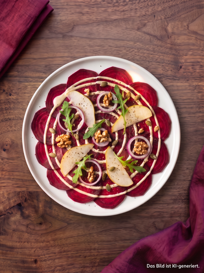 Rote Bete Carpaccio auf einem Teller angerichtet mit Birnenspalten, Walnüssen, roten Zwiebelringen und Kräutern.