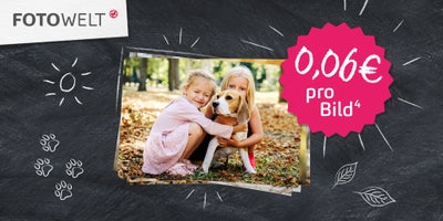 Beispielhafte Fotos von zwei Kindern mit einem Hund im Wald und der Hinweis auf 0,06€ pro Bild