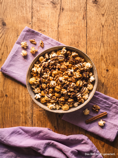 Pumpkin Spice Popcorn mit Karamell, Walnüssen und Schokoladensauce in Schale auf Holztisch mit lila Stoffservietten und Zimtstangen serviert.