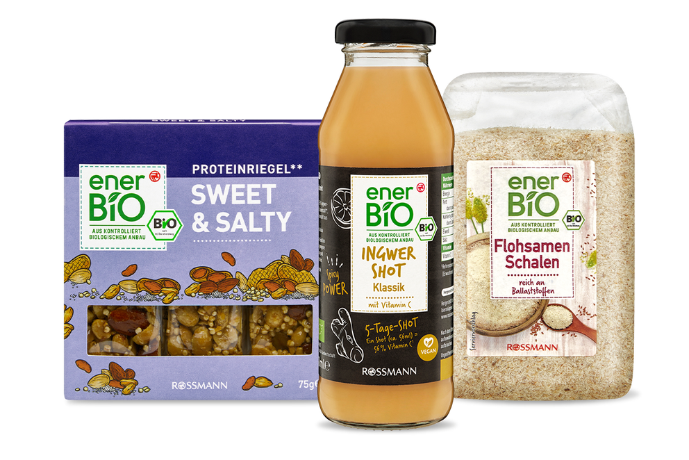 Drei enerBiO Beispielprodukte: Sweet&Salty, Immunshot und Flohsamen Schalen