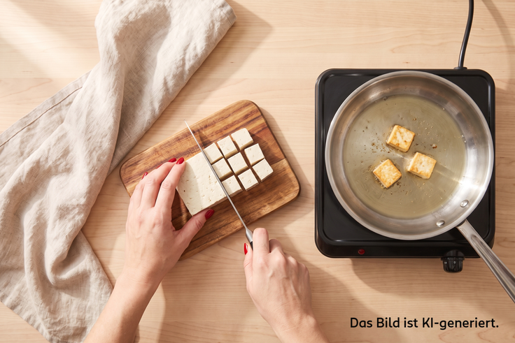 Tofu wird für eine Linsen Tofu Bowl in Würfel geschnitten und in einer Pfanne auf einer Kochplatte angebraten.