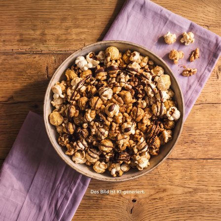 Pumpkin Spice Popcorn mit Karamell, Walnüssen und Schokoladensauce in Schale auf Holztisch mit lila Stoffservietten und Zimtstangen serviert.