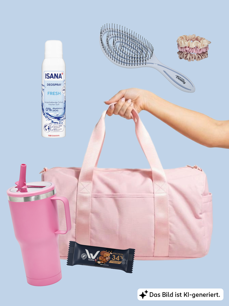 Rosa Sporttasche mit Trinkbecher, Deospray, Haarbürste, Haargummi und Proteinriegel vor hellblauem Hintergrund.