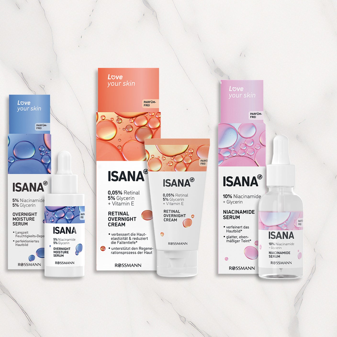ISANA Love your skin Wirkstoffkosmetik Seren und Cremes mit Niacinamide, Retinal und Glycerin für Gesichtspflege auf hellem Marmorhintergrund