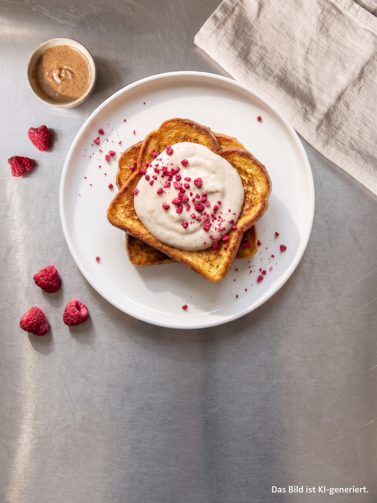 Protein French Toast mit cremigem Topping, Himbeer-Crunch und Nussmus auf einem weißen Teller; Hinweis im Bild: Das Bild ist KI-generiert.