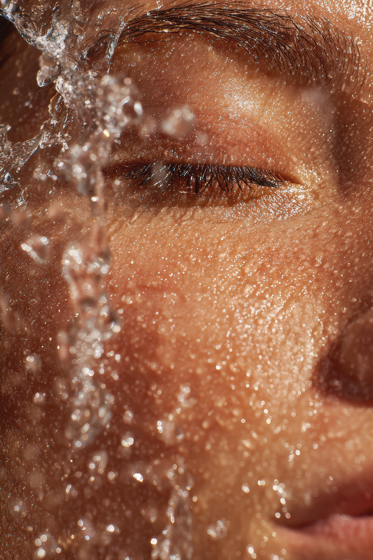 Nahaufnahme eines Gesichts mit kaltem Wasser für kühlende Pflege gegen Müdigkeitsspuren am Morgen.