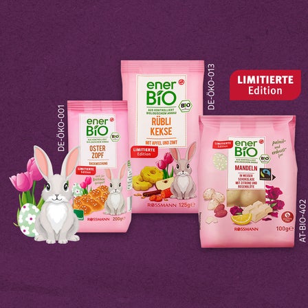 Magentafarbener Hintergund mit ausgewählten enerBiO Oster-Highlight Produkten und einem skizzierten Osterhasen im Vordergrund