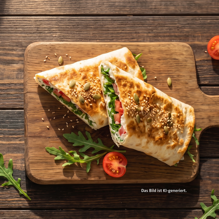Cottage Cheese Flatbread mit goldbrauner Kruste, Rucola und Tomaten auf einem Holzbrett als Rezeptidee mit wenigen Zutaten.