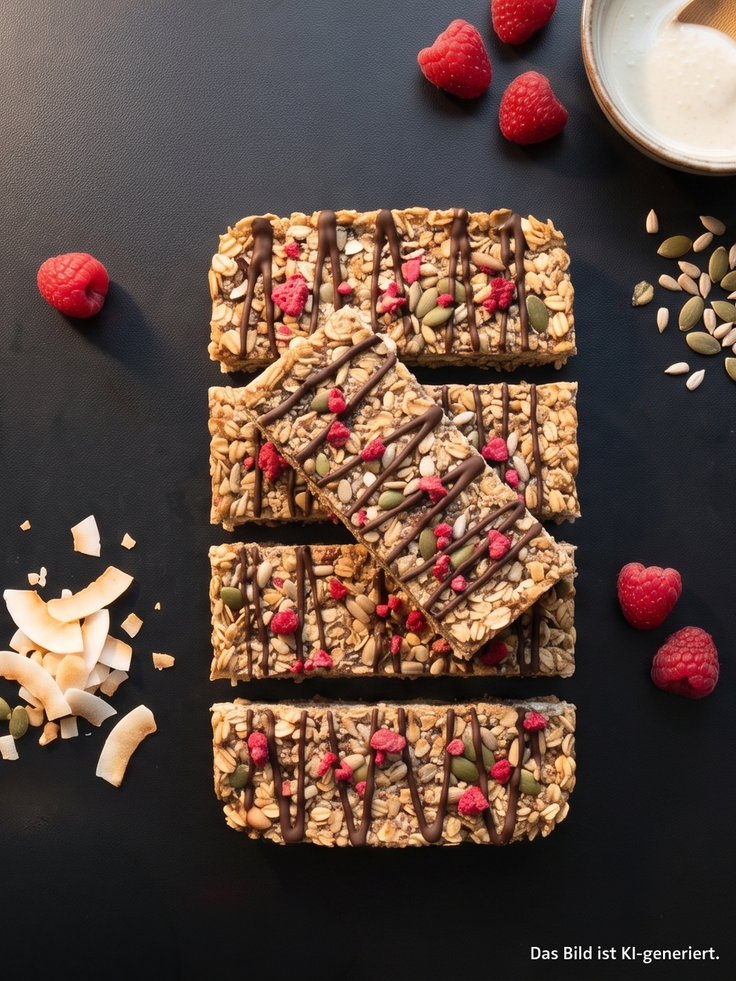 Fruchtige Kokos-Müsliriegel mit Chia-Crunch, Schokoladenstreifen, Himbeeren, Kokoschips und Kernen auf dunklem Untergrund.