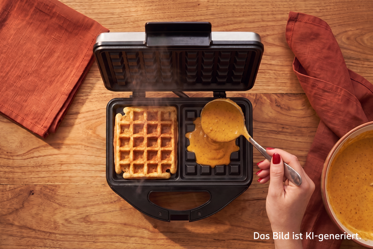 Schritt 3 des Kürbiswaffel-Rezepts: Kürbisteig wird ins heiße Waffeleisen gegeben, während eine bereits goldbraun gebackene Waffel darin liegt.