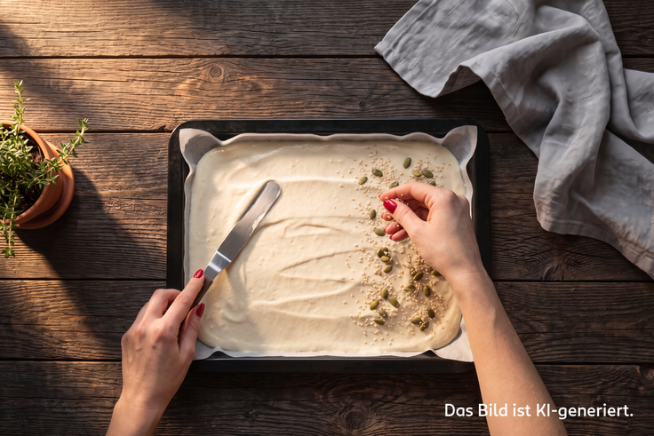Teigmasse für Cottage Cheese Flatbread wird auf einem Backblech verstrichen und mit Sesam und Kürbiskernen bestreut.