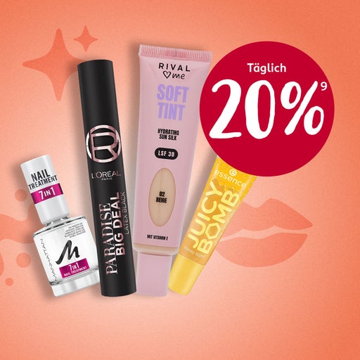 Beispielhafte Produkte dekorativer Kosmetik und der Hinwies 20 % zu sparen 