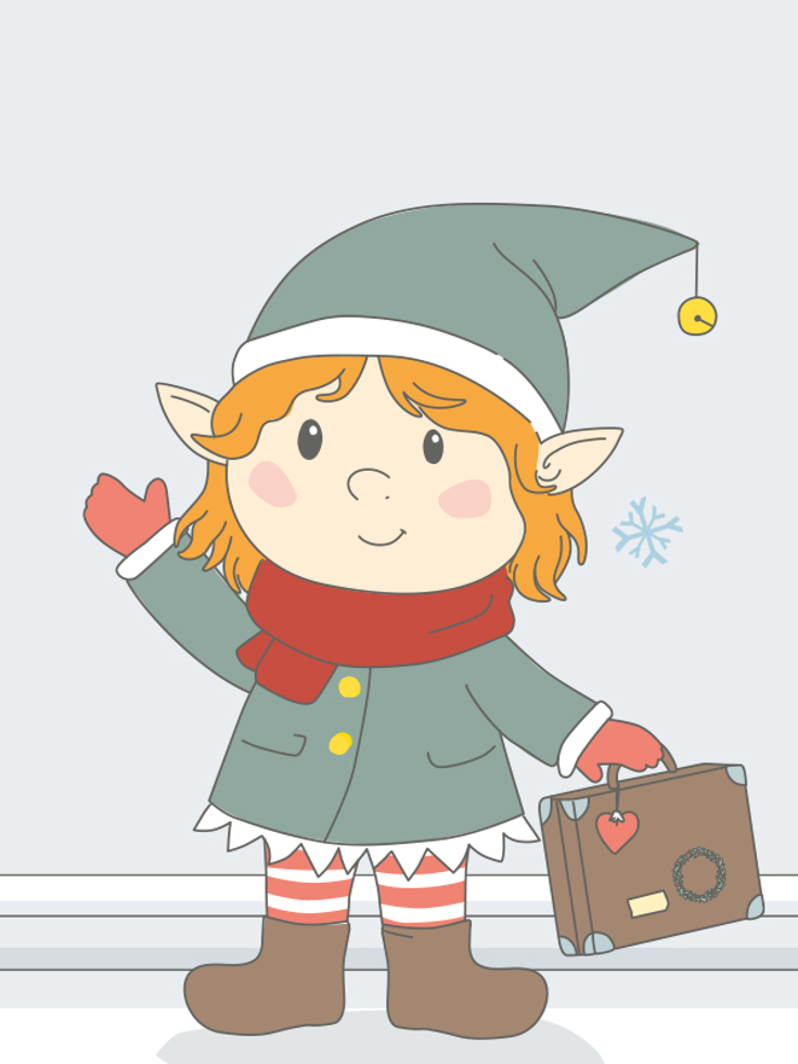 Wichtel Alva mit einem Koffer in der Hand